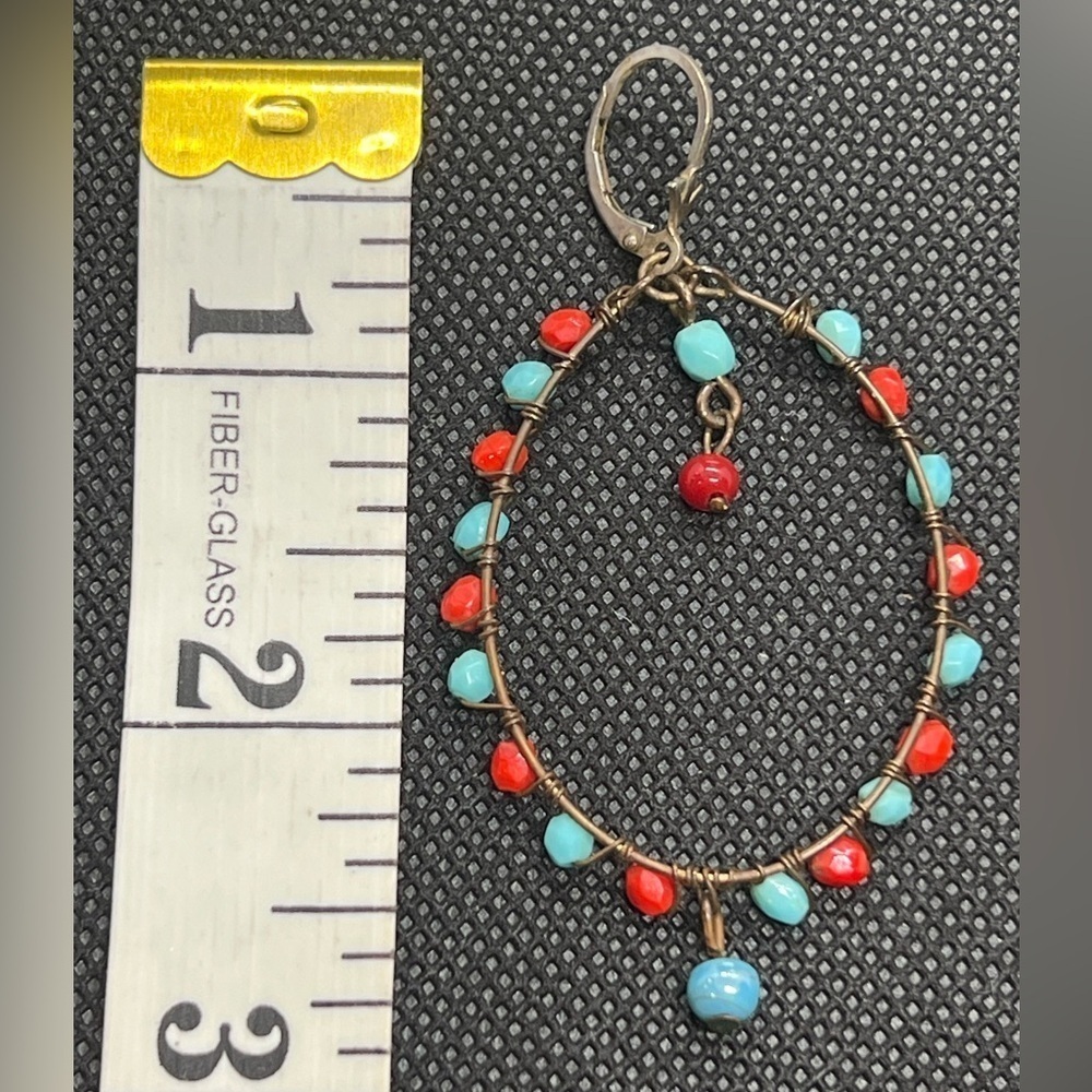 Turquoise and coral bohemian hoop drop earrings lightweight - Picture 6 of 6